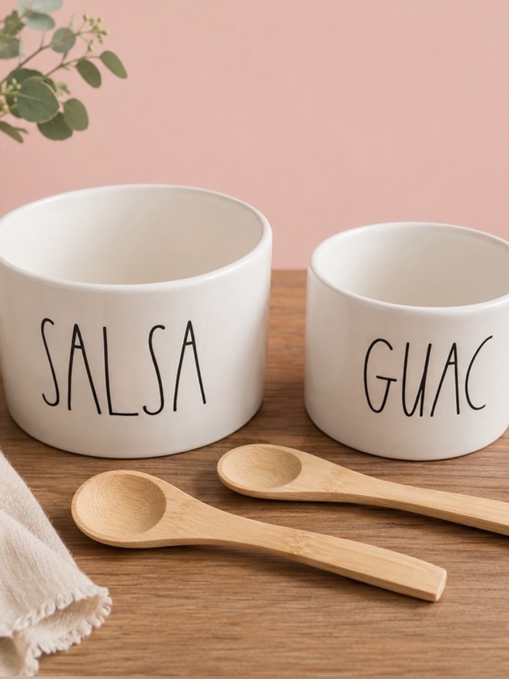 Rae Dunn White SALSA & GUAC Ceramic Bowl Set with Wooden Spoons